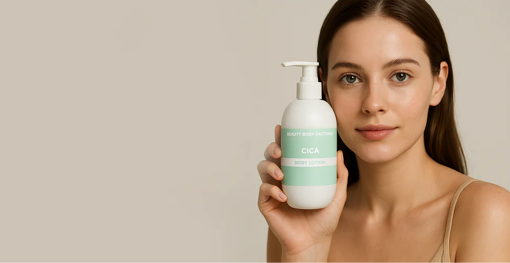 Model met CICA body lotion van Lyaan