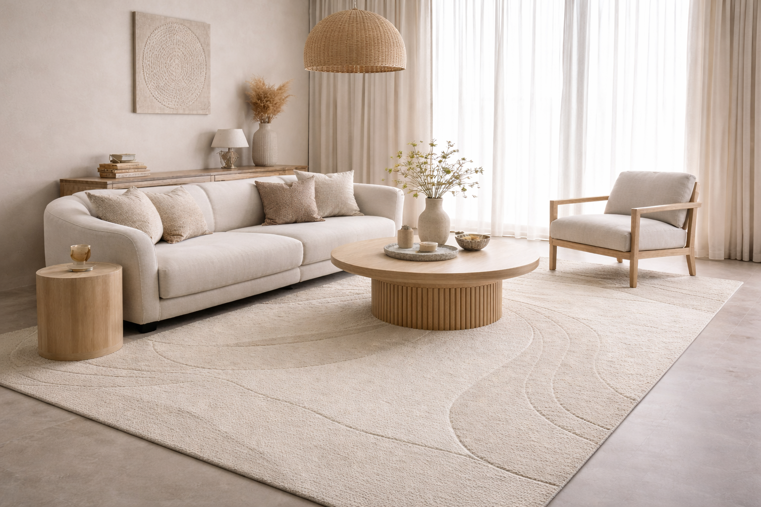 Beige woonkamer met organisch gevormd vloerkleed