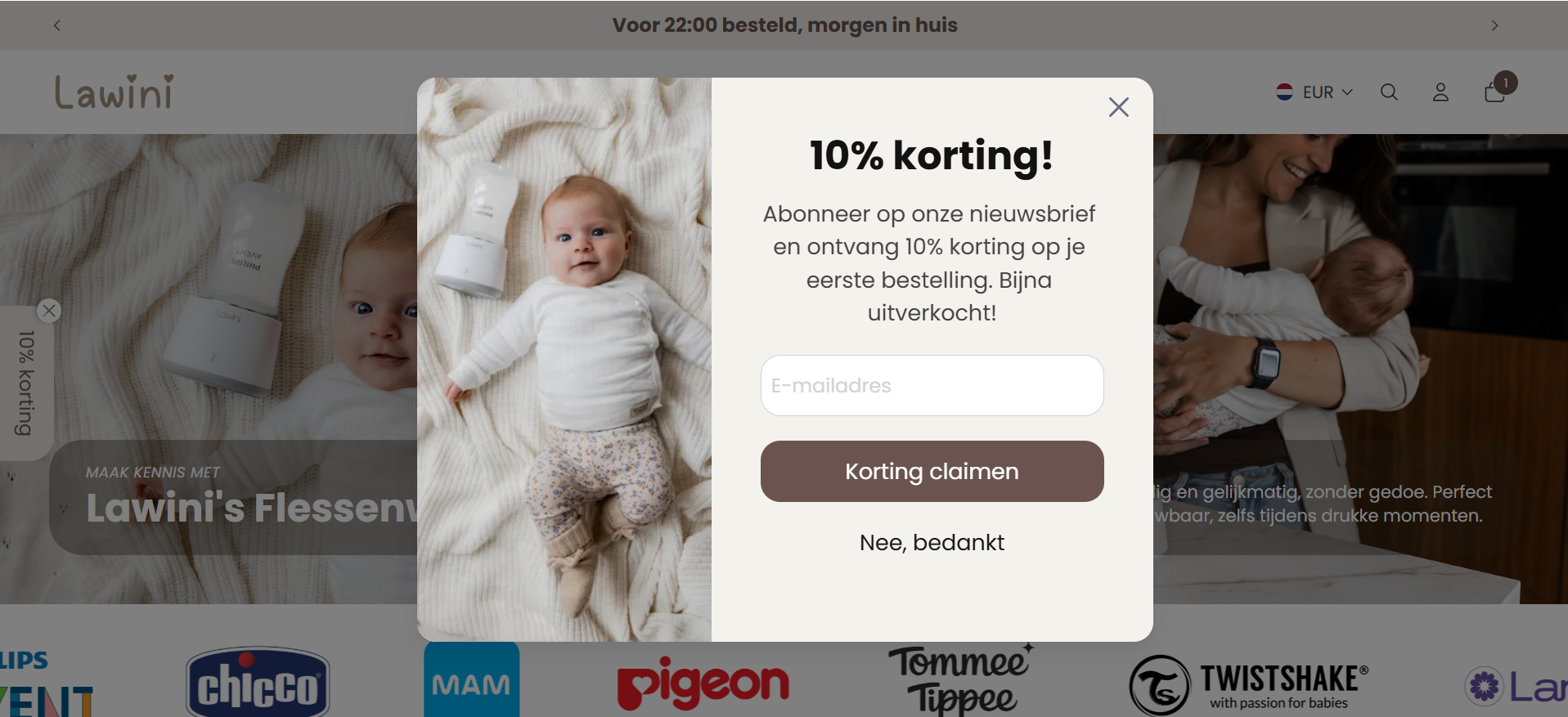 Voorbeeld van nieuwsbrief pop-up met 10% korting op webshop