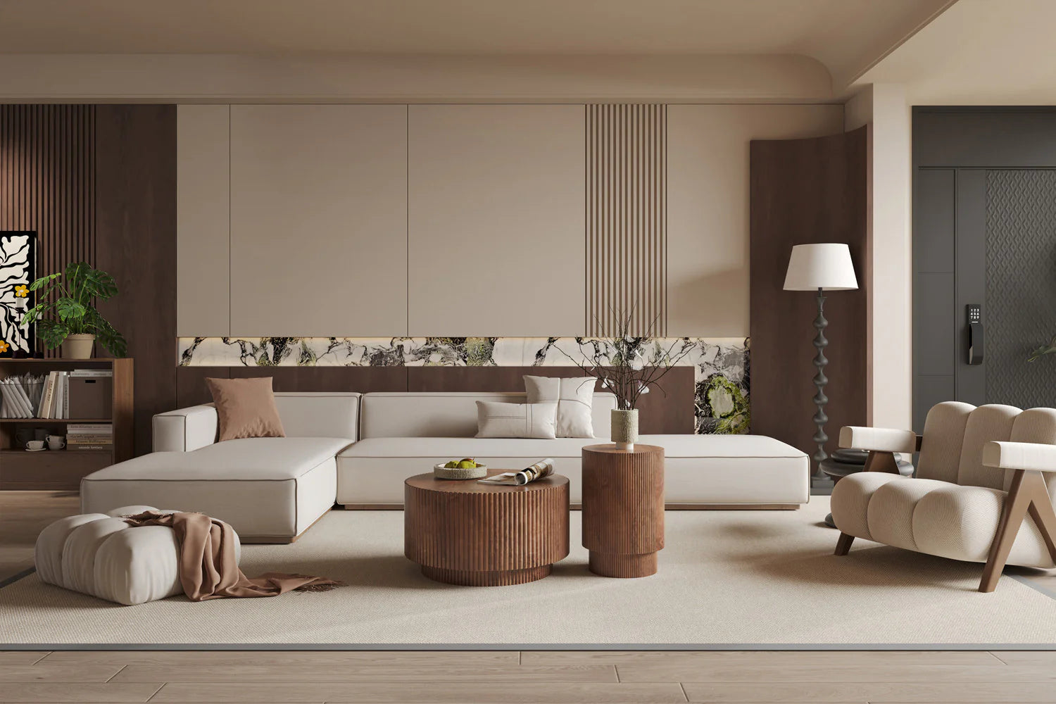 Moderne woonkamer met ronde houten salontafel