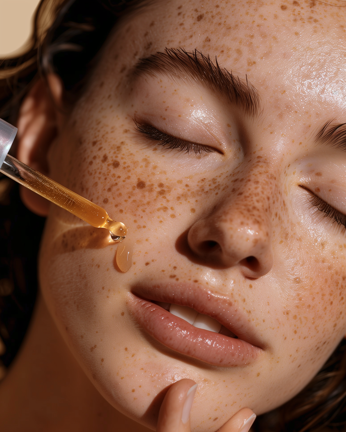 Close-up van vrouw die serum met pipet op haar gezicht aanbrengt