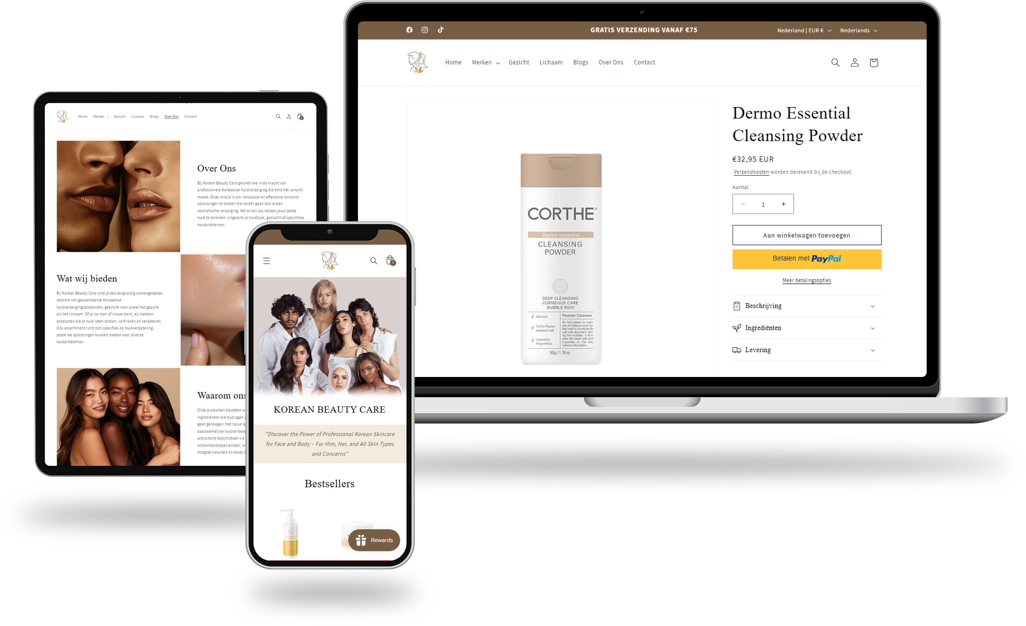 Webshop van KbeautyCare weergegeven op laptop, tablet en smartphone