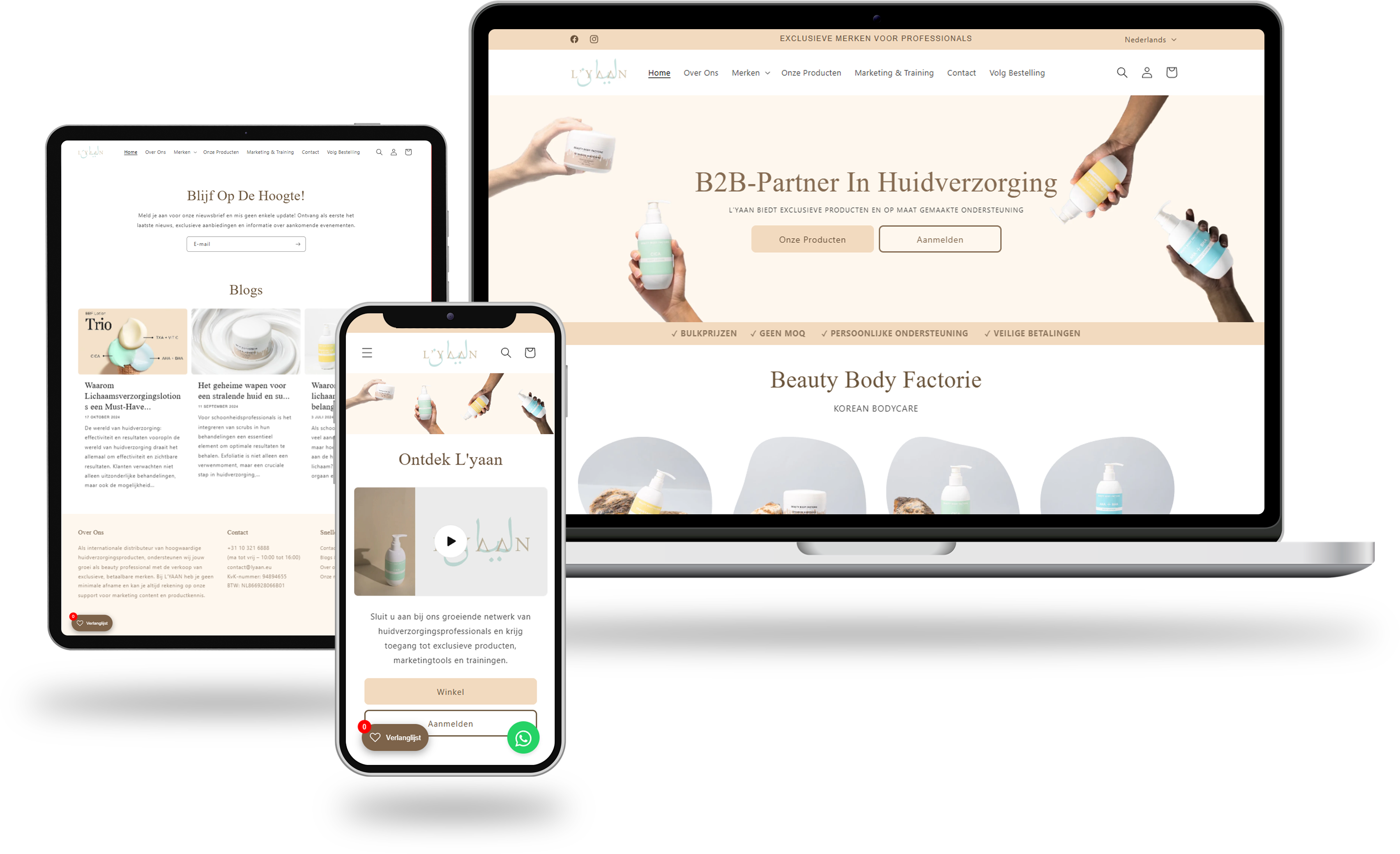Webshop van L’YAAN weergegeven op laptop, tablet en smartphone