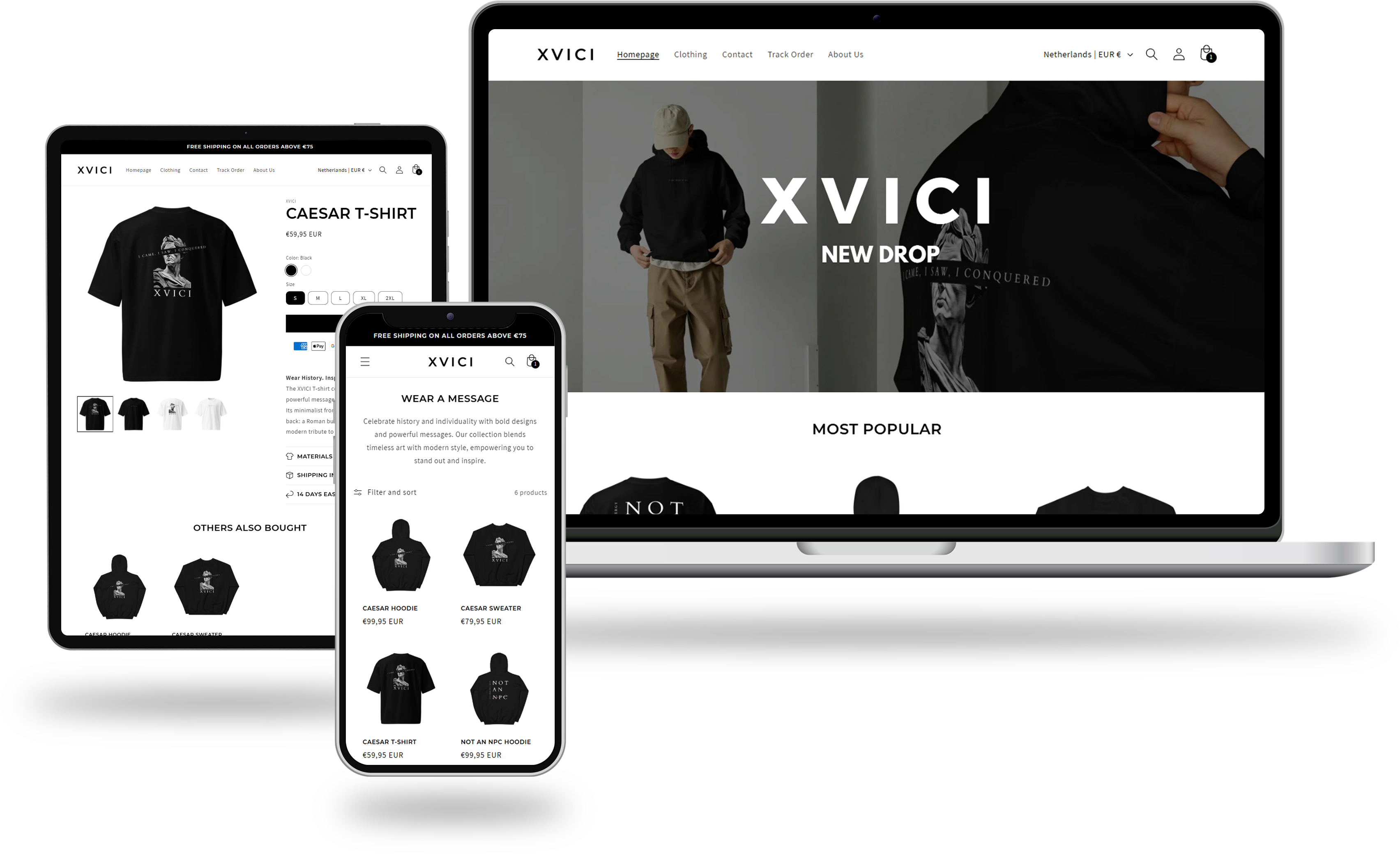 Webshop van XVICI weergegeven op laptop, tablet en smartphone